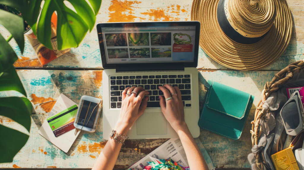 Overhead shot of a travel agent's hands typing on a laptop, surrounded by a variety of travel items